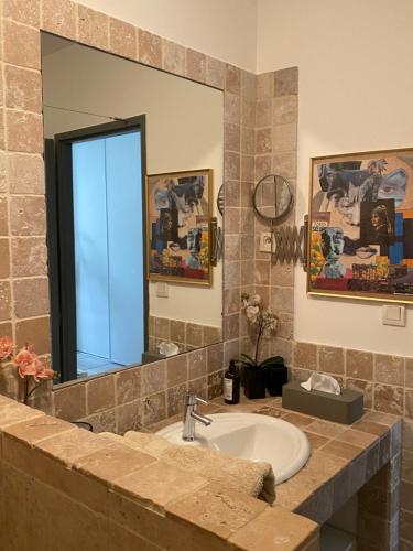 a bathroom with a sink and a large mirror at Le Loft PATIO, au coeur du village in Saint-Rémy-de-Provence