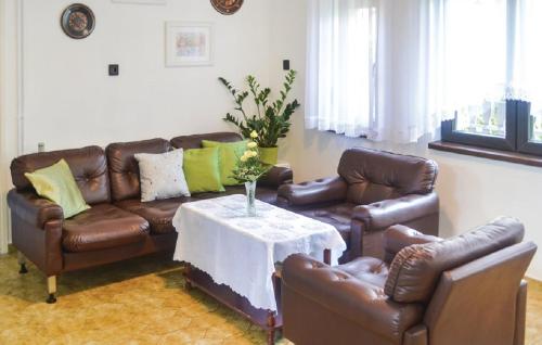 sala de estar con sofás de cuero y mesa en Marica Apartman, en Balatonfenyves