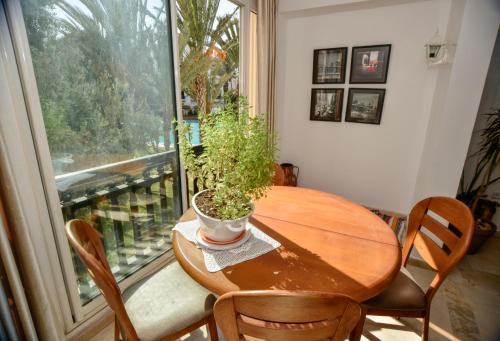 a wooden table with a potted plant on it in front of a window at Marina Agadir Family Sunny Holiday in Agadir
