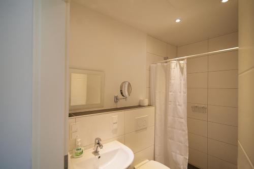 a bathroom with a sink and a toilet and a mirror at Hotel Garni am Arbach in Eningen unter Achalm