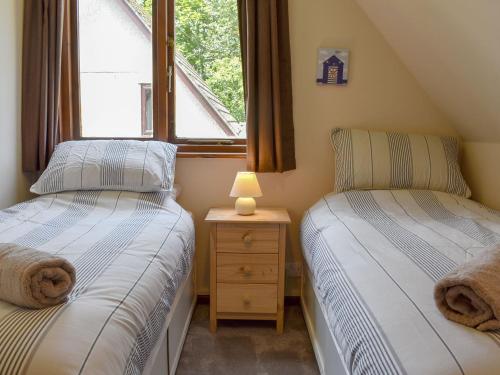 two twin beds in a room with a window at Trevithick Lodge in Hayle