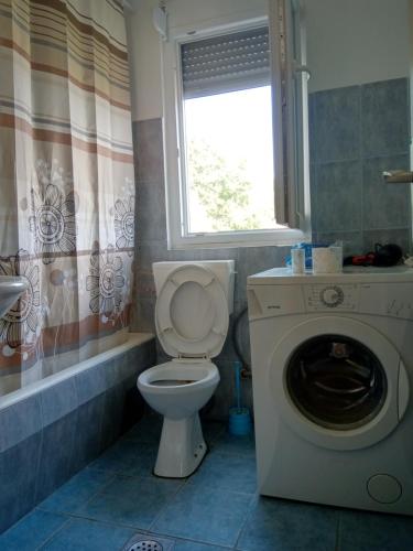 a bathroom with a toilet and a washing machine at Hostel Olea in Podgorica