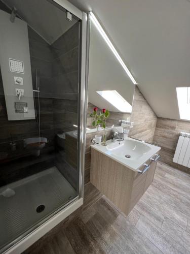 a bathroom with a sink and a shower at Hotel della Posta in Biasca