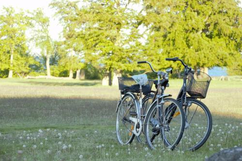 dos motos estacionadas una al lado de la otra en un parque en STF Andrarum Kuskahusen Hostel, en Andrarum-Brosarp