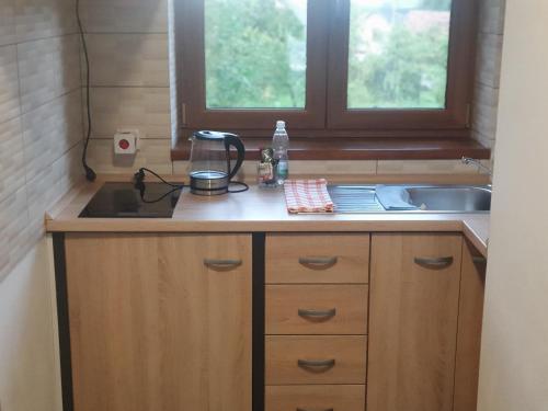 encimera de cocina con fregadero y ventana en Penzion Vilma, en Smilovice