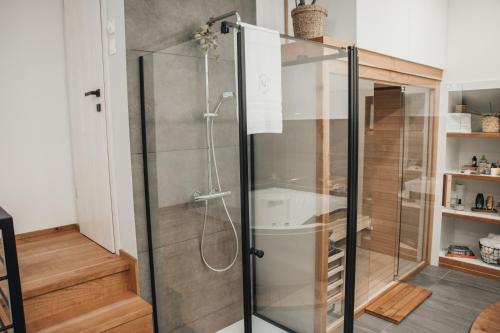 a shower with a glass door in a bathroom at NA Apartments in Maribor