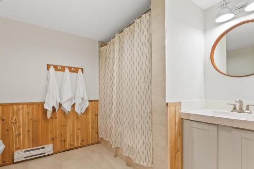 y baño con ducha y lavamanos. en Lovely 3 Bedroom Wintergreen Retreat w Sauna, en Blue Mountains