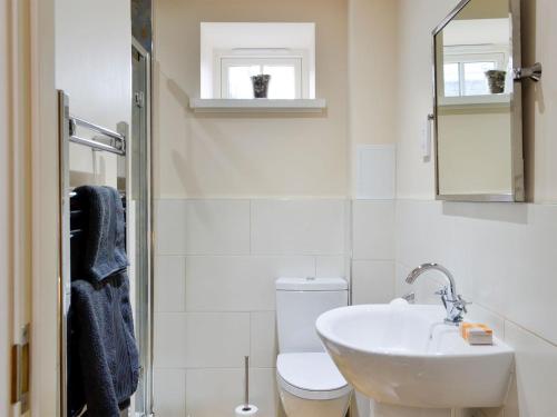 ein Badezimmer mit einem Waschbecken, einem WC und einem Spiegel in der Unterkunft Birch Tree Cottage in Edzell