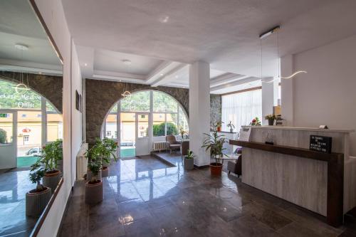 a lobby with a reception desk and potted plants at Vila Ursul Negru in Sovata