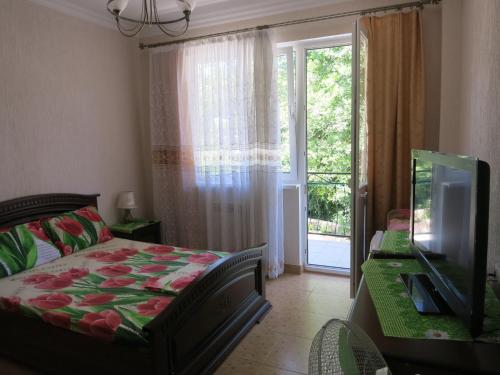 1 dormitorio con 1 cama, TV y ventana en Dobry Kit Guest House en Loo