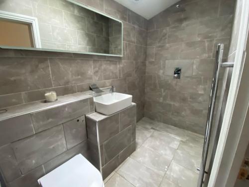 a bathroom with a toilet and a sink and a shower at Large king-size bedroom with modern fitted kitchen in Greater London in Eltham