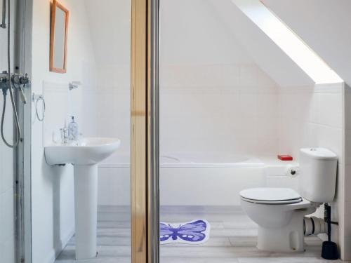 a bathroom with a toilet and a sink at Little Harrowfield in Bankfoot