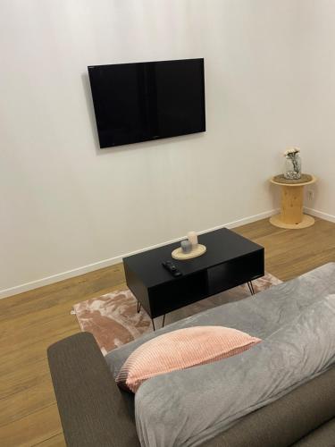 a living room with a flat screen tv on a wall at Logement proche de l’aéroport CDG et parc des expo in Tremblay-En-France
