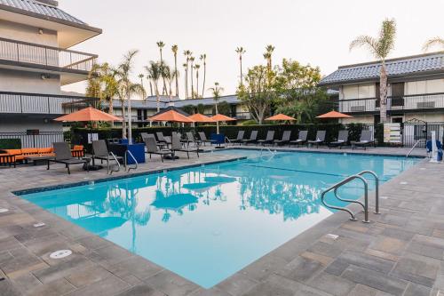 サウザンドオークスにあるPalm Garden Hotelの椅子とパラソルのあるホテルのプール