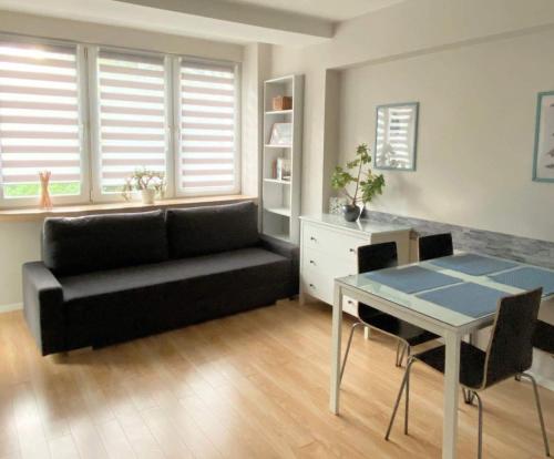 a living room with a black couch and a table at Warsaw Concierge Polin Apartment in Warsaw