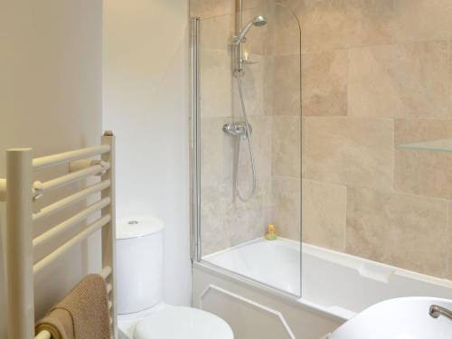 a bathroom with a shower and a toilet and a sink at Bondgate in Helmsley