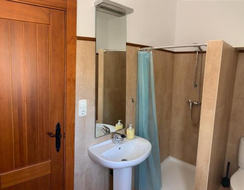 a bathroom with a sink and a shower at Casa Rural Las Angosturas (Caminito del Rey) in El Chorro