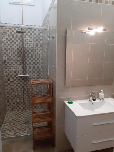 een badkamer met een wastafel en een douche met een spiegel bij Schöne Wohnung in Puerto de la Cruz mit Garten. in Puerto de la Cruz