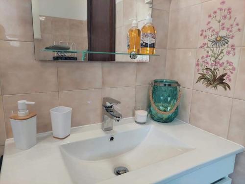 uma casa de banho com um lavatório branco e um espelho. em Casa do Sobrado Arouca em Arouca