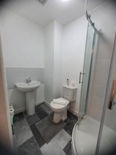 łazienka z toaletą i umywalką w obiekcie Blackwood Residence w mieście Accrington