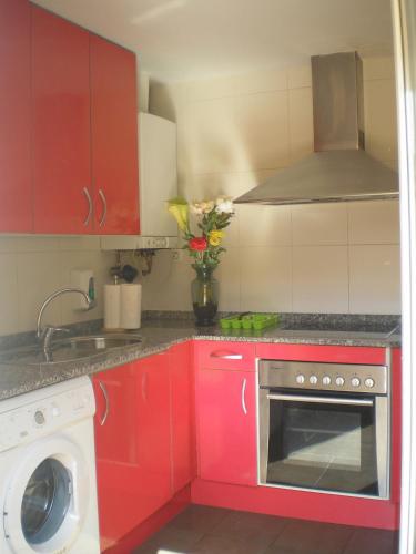 una cocina con armarios rojos y un jarrón de flores en Apartamentos Augusta Centro, en Zaragoza