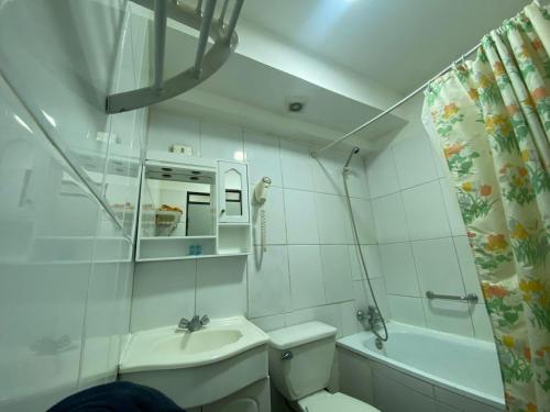 een badkamer met een toilet, een wastafel en een spiegel bij Hotel Ancla Inn in Antofagasta
