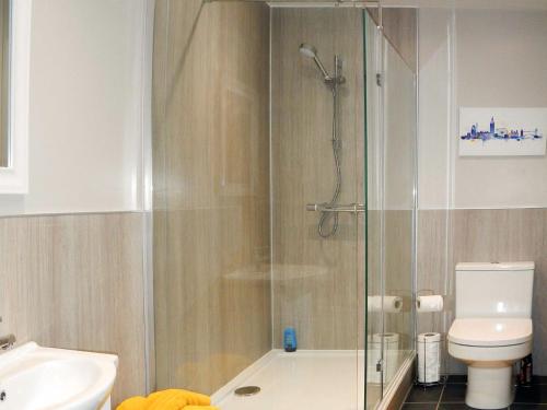 a bathroom with a shower and a toilet and a sink at East Lodge in Creebridge