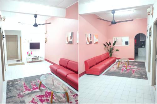 two pictures of a living room with a red couch at Yoni Homestay in Kampung Raja