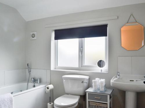 a bathroom with a toilet and a sink and a window at Hillside Cottage in Hanmer
