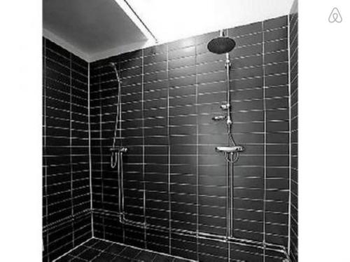 a bathroom with a shower with black tiles at Acco Hostel in Stockholm