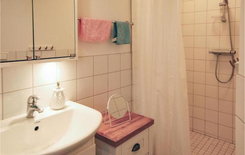 a bathroom with a sink and a shower with a mirror at Stunning Home In Visby With 2 Bedrooms And Wifi in Visby
