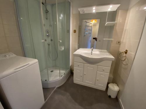 une salle de bain avec douche, lavabo et toilettes dans l'établissement Appartement T2 en centre ville avec terrasse, wifi, Parking - FR-1-374-188, à Arcachon