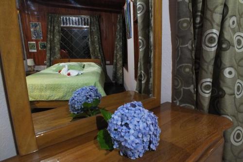 a bedroom with a mirror and a bed with blue flowers at Cabañas La Pradera in Monteverde Costa Rica