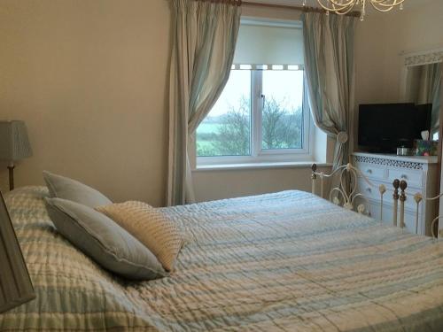 a bedroom with a large bed with a window at Tyn Y Mur in Morfa Nefyn
