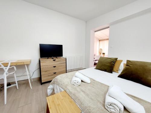 a bedroom with a bed and a desk and a television at Ravissant T2 terrasse privative et parking in Odos