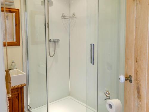 een badkamer met een douche en een glazen deur bij Little Barn Tynely Farm in Ellingham
