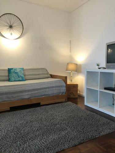 a bedroom with a bed and a television and a rug at Ria do Sal in Aveiro