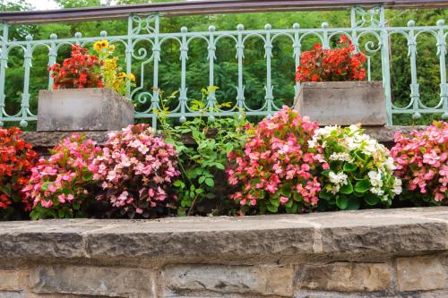 a bunch of flowers in flower boxes next to a fence at Melinas Boutique Hotel B&B in Kipoi