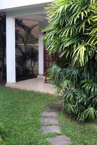a house with a walkway in front of a yard at Natures Bliss Holidays in Ja-Ela