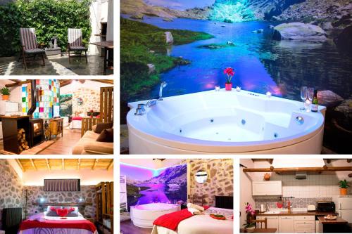 eine Collage mit Bildern einer Badewanne und eines Flusses in der Unterkunft Casa Rural El Cuco in Robledillo
