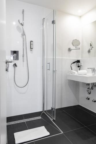 a bathroom with a shower and a sink at BoardingWorld Heidelberg in Heidelberg