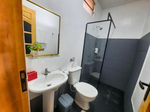 La salle de bains est pourvue de toilettes, d'un lavabo et d'une douche. dans l'établissement Hotel Mitologia Algodoal, à Algodoal