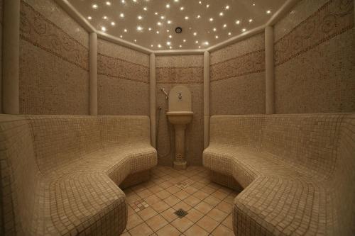 a bathroom with a toilet and lights on the ceiling at Hotel Valtellina in Livigno