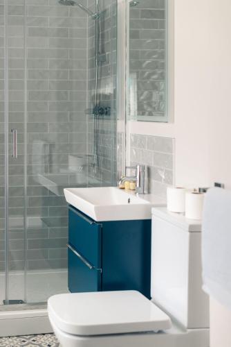 a bathroom with a toilet and a sink and a shower at The Seaview, East Preston in Littlehampton