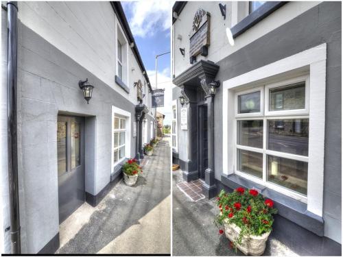 two pictures of a building with flowers on the street at Masons Freehouse in Ingleton