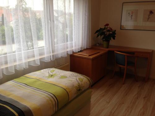 Schlafzimmer mit einem Bett, einem Schreibtisch und einem Fenster in der Unterkunft Ferienwohnung Worms in Worms