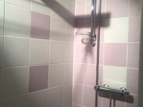 a shower with pink and white tiles in a bathroom at Appartement Arette, 1 pièce, 6 personnes - FR-1-602-44 in Arette