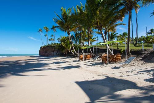 een strand met stoelen en palmbomen en de oceaan bij Paraíso da falésia em Cumuruxatiba com vista excepcional para o mar in Cumuruxatiba