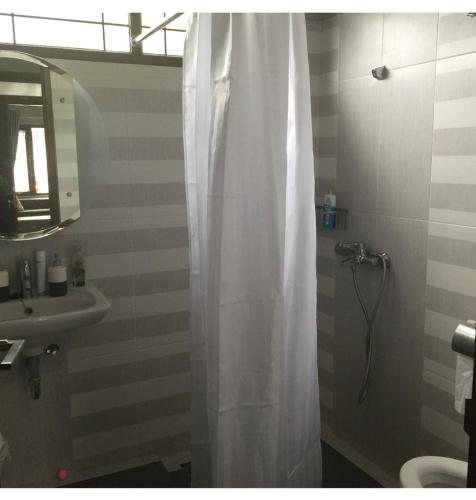 a bathroom with a shower curtain and a sink at Villa Syamsu in Bukittinggi