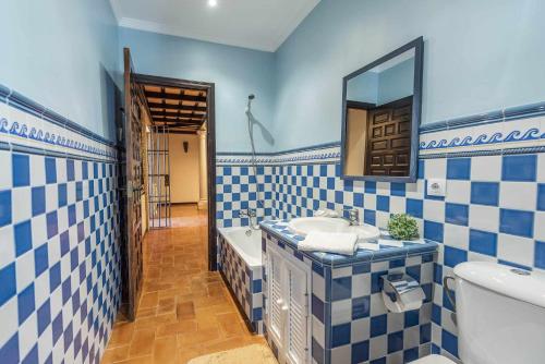 a blue and white bathroom with a sink and a mirror at Casa Rural La Teja in Marchena